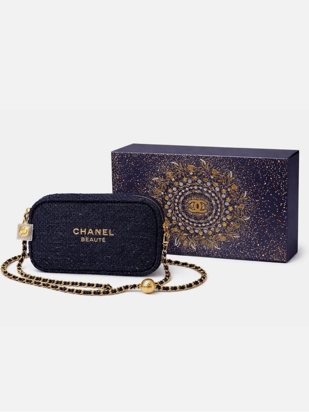 CC Beaute Navy Tweed Pouch Bag & Chain